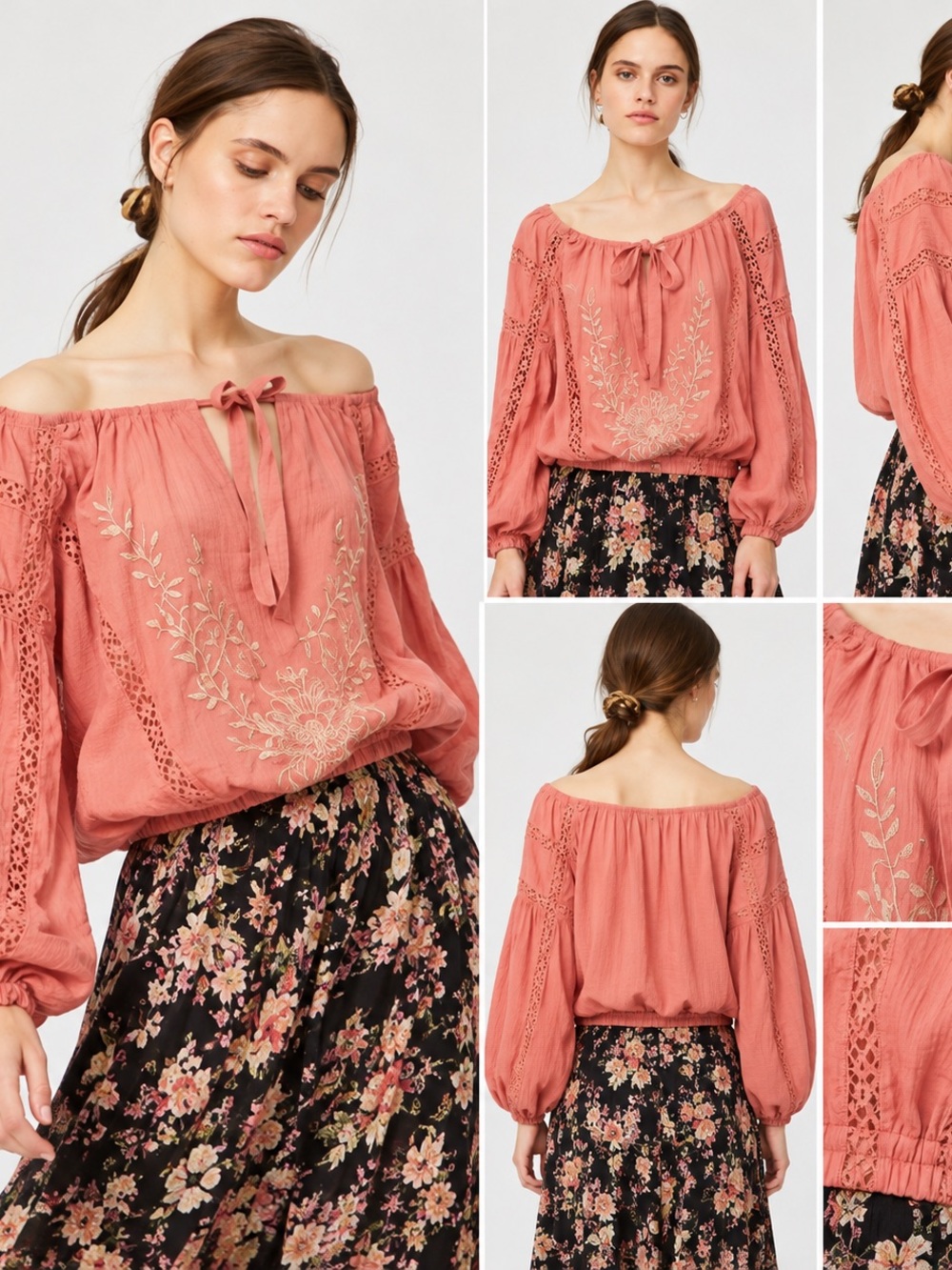 Free People Maria Maria Top Size Large Terracotta Embroidered Lace Blouse Boho